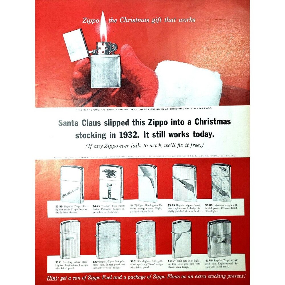 PRINT AD 1963 Zippo Lighters Christmas Gifts Santa Claus 10.5x13